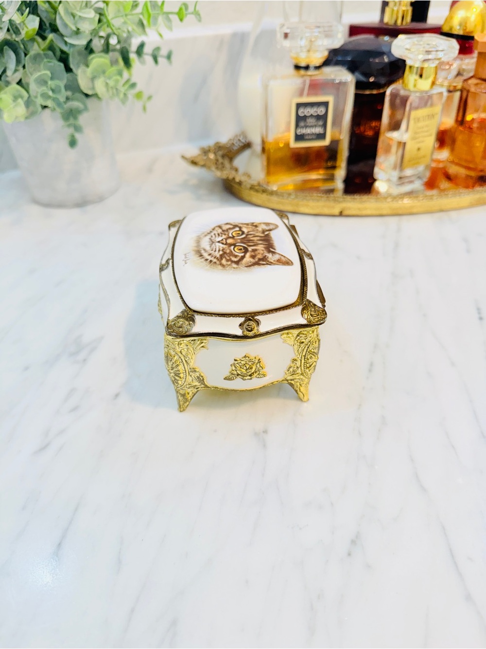 Vintage Porcelain & Enamel Cat Trinket Jewelry Box - Picture 7 of 14